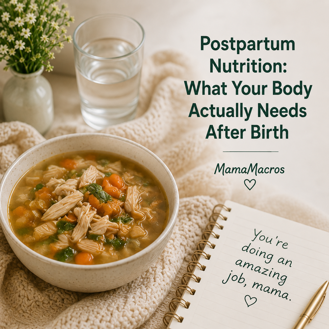 Postpartum meal tray with soup fruit water and easy snacks