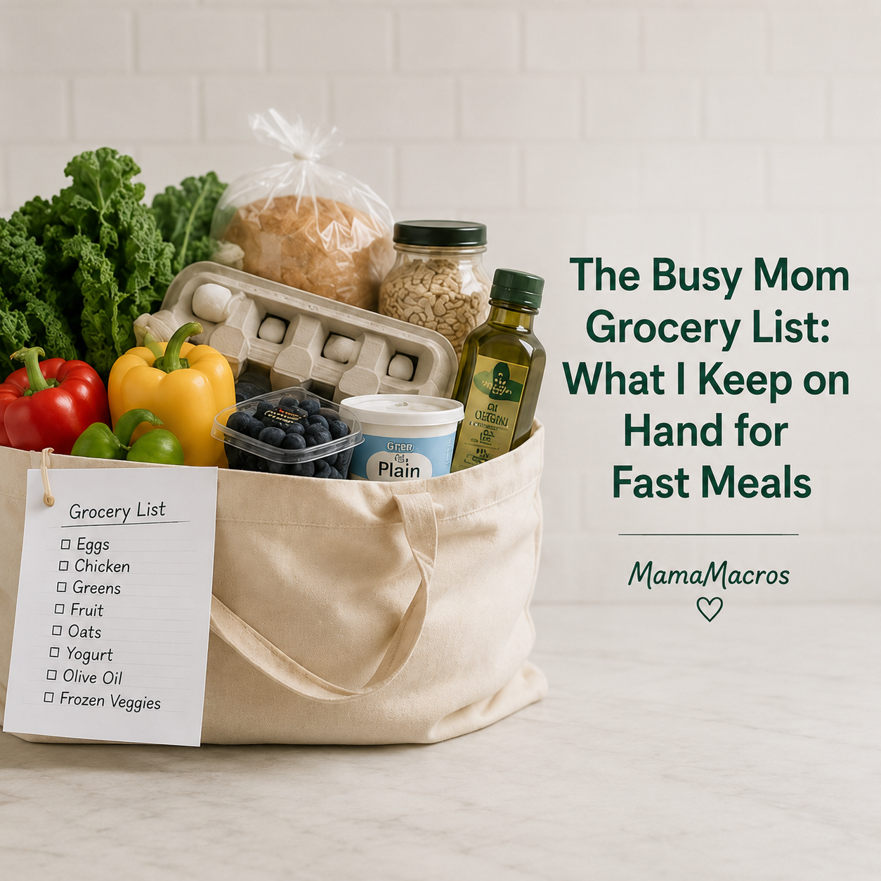 Organized grocery haul with easy proteins frozen vegetables fruit and pantry staples