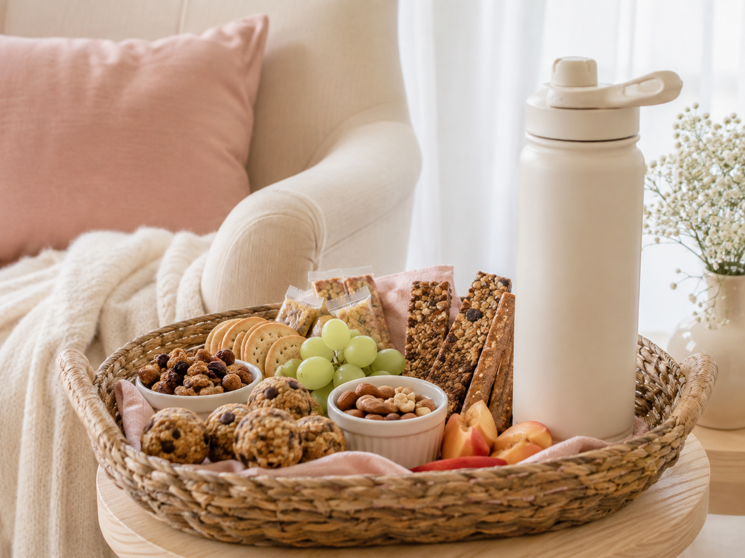 Easy postpartum snack basket beside a large water bottle