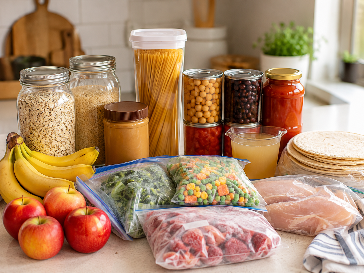 Freezer and pantry staples used for quick family meals